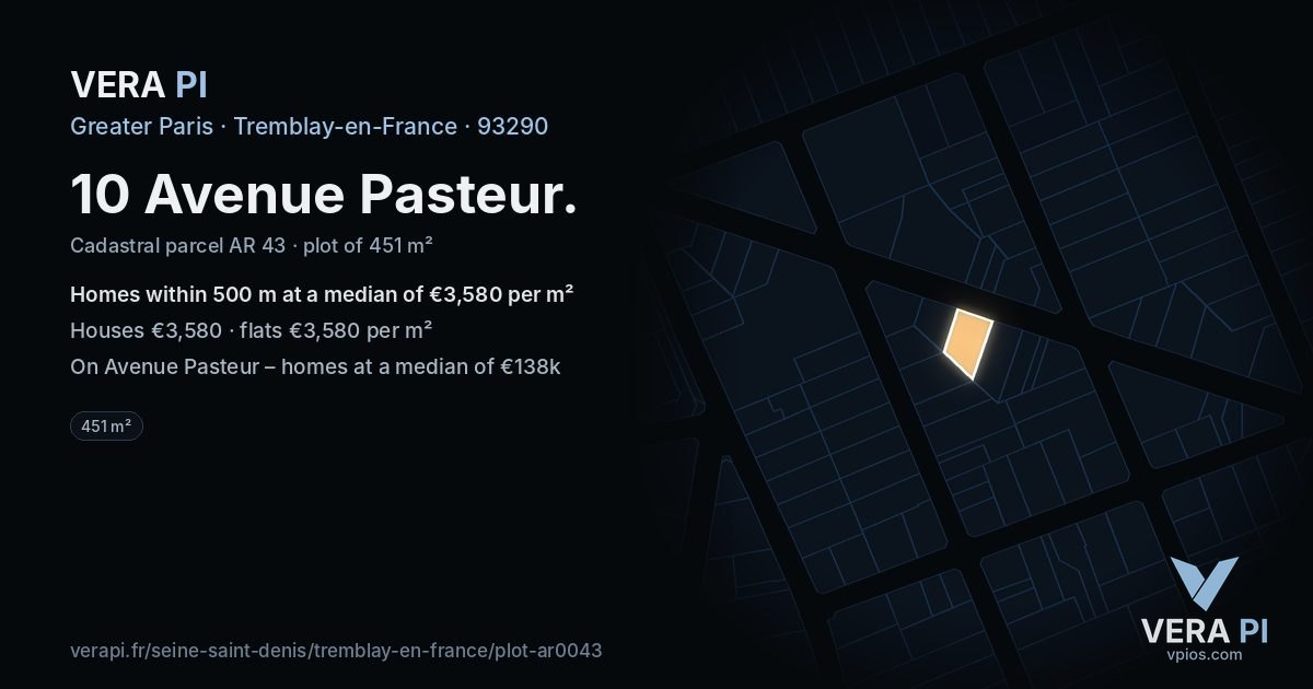 10 Avenue Pasteur, Tremblay-en-France at night – the plot lit, the parcels around coloured by the prices near them