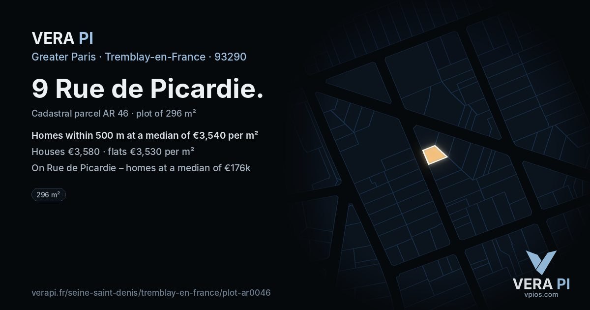 9 Rue de Picardie, Tremblay-en-France at night – the plot lit, the parcels around coloured by the prices near them