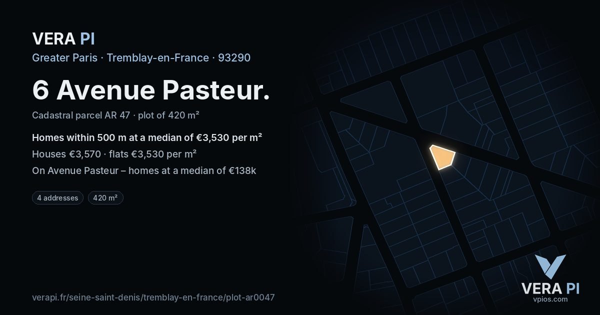 6 Avenue Pasteur, Tremblay-en-France at night – the plot lit, the parcels around coloured by the prices near them