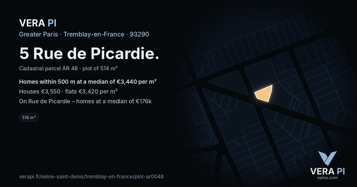 5 Rue de Picardie, Tremblay-en-France at night – the plot lit, the parcels around coloured by the prices near them