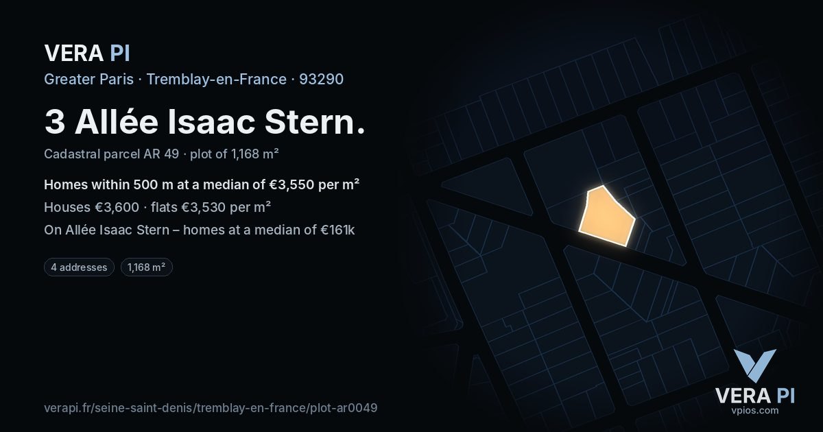 3 Allée Isaac Stern, Tremblay-en-France at night – the plot lit, the parcels around coloured by the prices near them