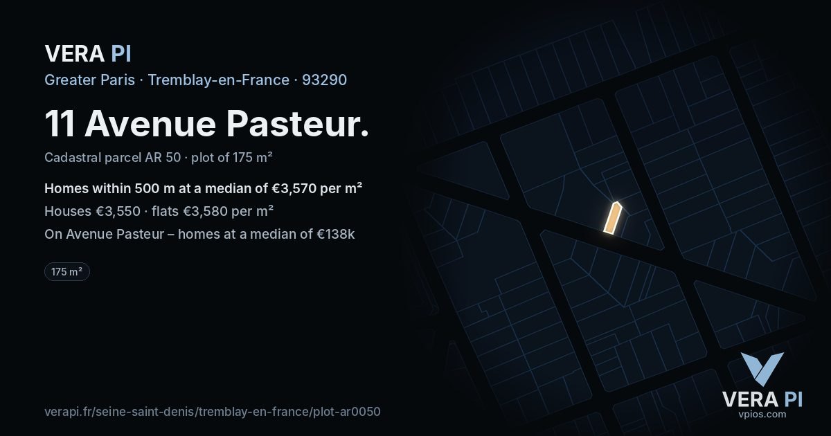 11 Avenue Pasteur, Tremblay-en-France at night – the plot lit, the parcels around coloured by the prices near them