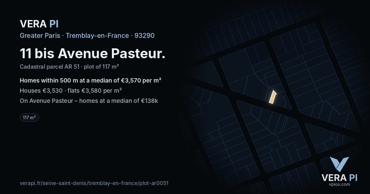 11 bis Avenue Pasteur, Tremblay-en-France at night – the plot lit, the parcels around coloured by the prices near them