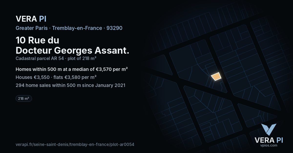10 Rue du Docteur Georges Assant, Tremblay-en-France at night – the plot lit, the parcels around coloured by the prices near them