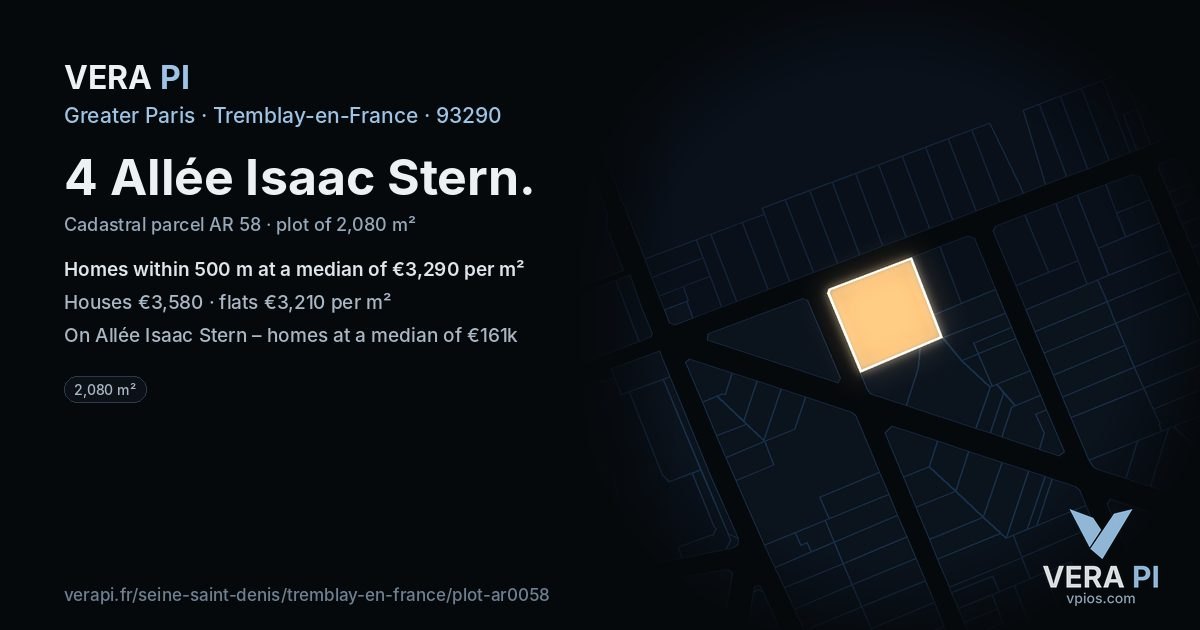 4 Allée Isaac Stern, Tremblay-en-France at night – the plot lit, the parcels around coloured by the prices near them