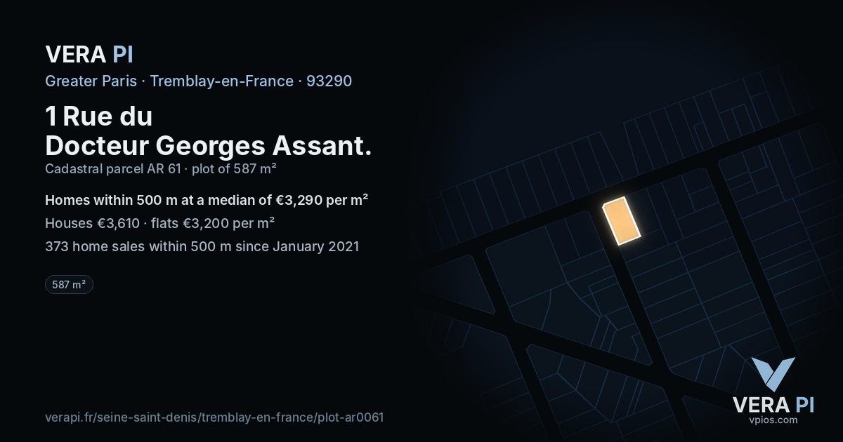 1 Rue du Docteur Georges Assant, Tremblay-en-France at night – the plot lit, the parcels around coloured by the prices near them