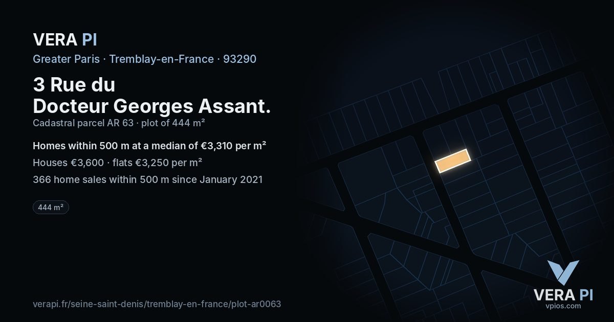 3 Rue du Docteur Georges Assant, Tremblay-en-France at night – the plot lit, the parcels around coloured by the prices near them