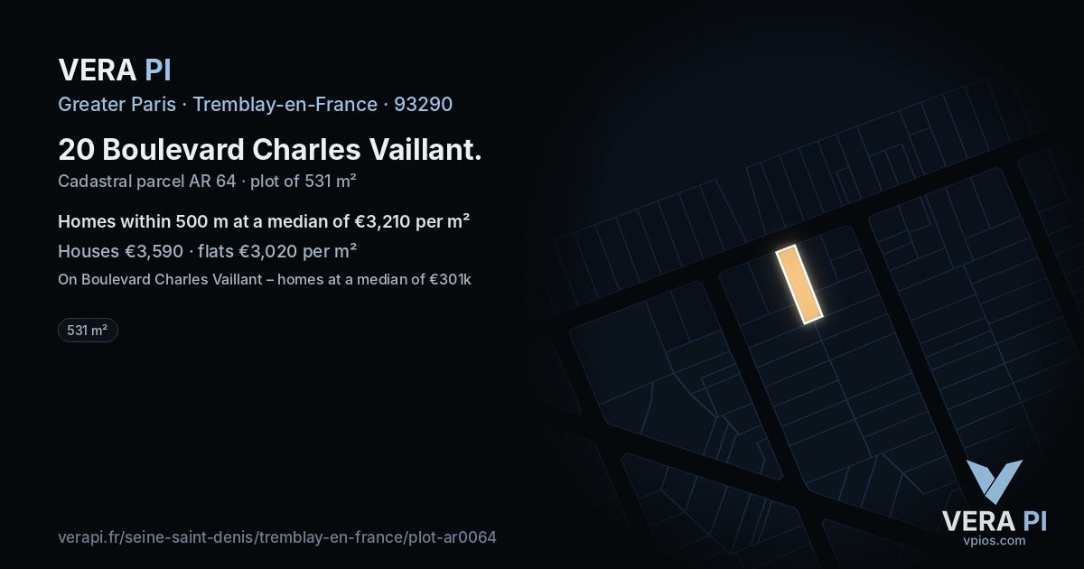 20 Boulevard Charles Vaillant, Tremblay-en-France at night – the plot lit, the parcels around coloured by the prices near them
