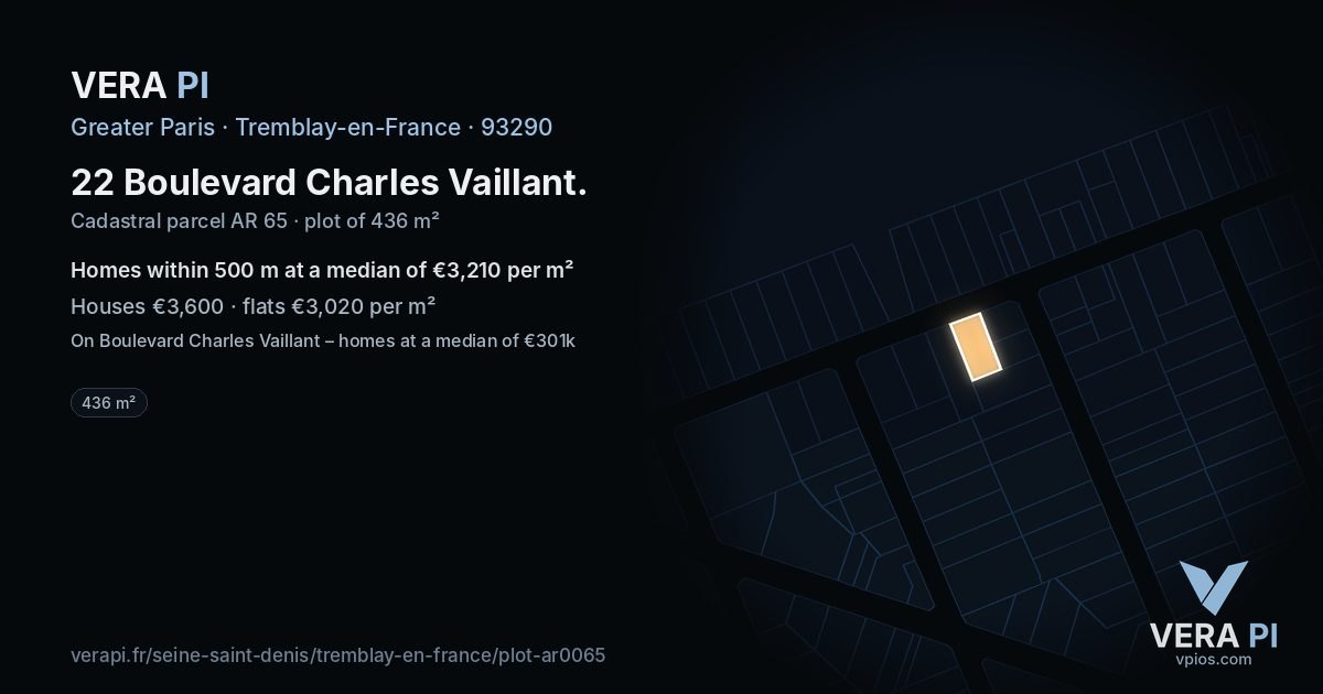 22 Boulevard Charles Vaillant, Tremblay-en-France at night – the plot lit, the parcels around coloured by the prices near them