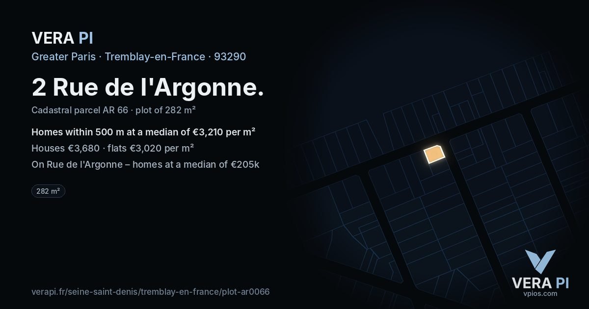 2 Rue de l'Argonne, Tremblay-en-France at night – the plot lit, the parcels around coloured by the prices near them