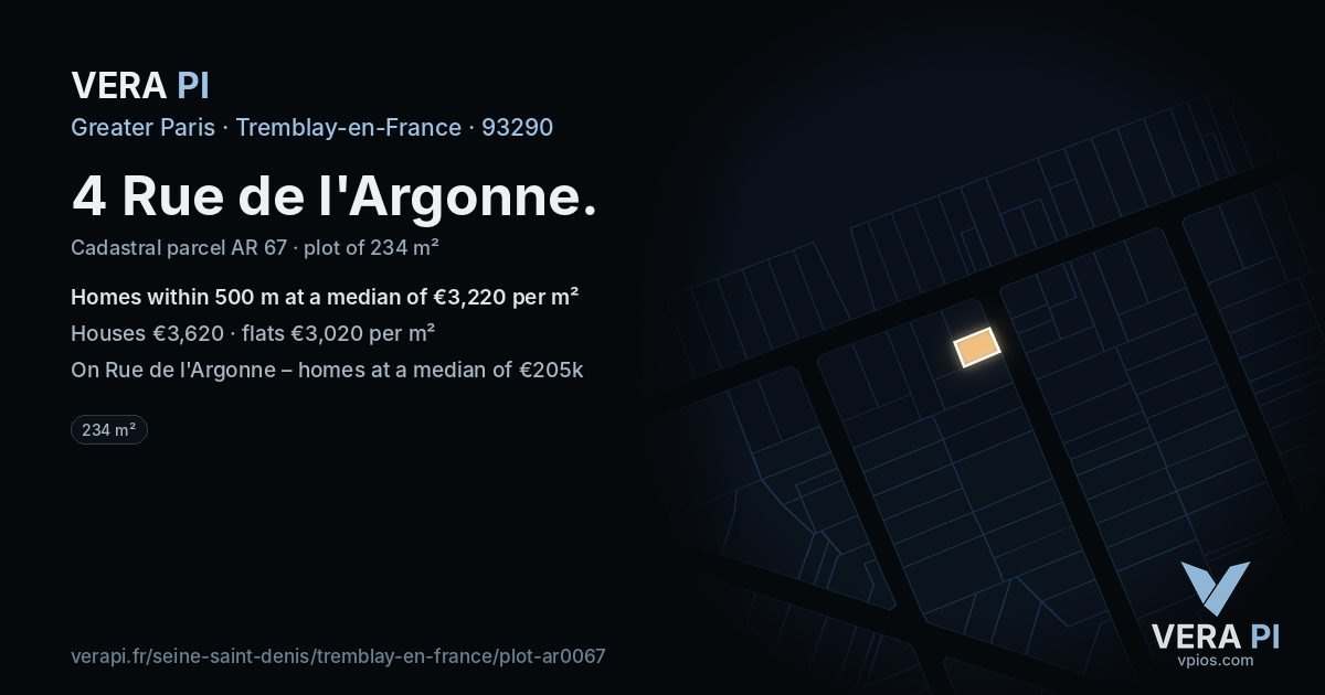 4 Rue de l'Argonne, Tremblay-en-France at night – the plot lit, the parcels around coloured by the prices near them