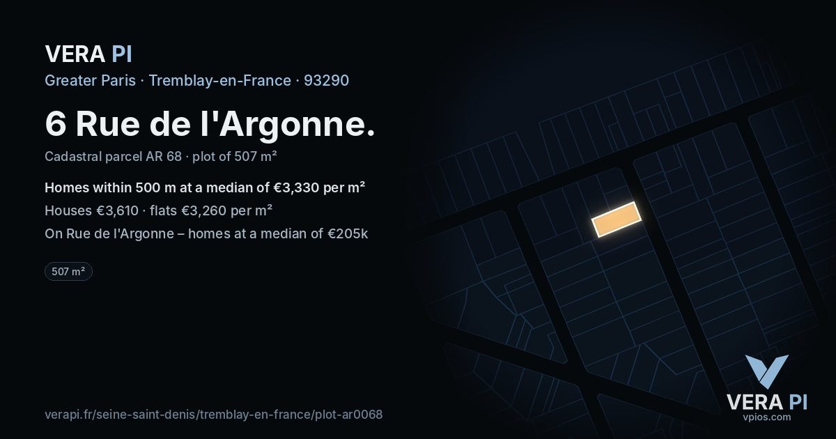 6 Rue de l'Argonne, Tremblay-en-France at night – the plot lit, the parcels around coloured by the prices near them