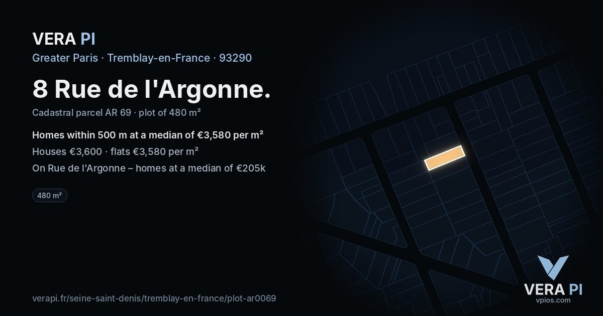 8 Rue de l'Argonne, Tremblay-en-France at night – the plot lit, the parcels around coloured by the prices near them