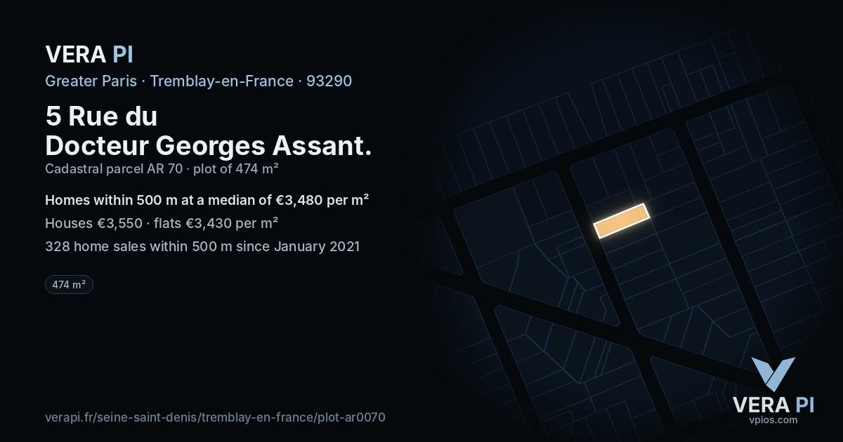 5 Rue du Docteur Georges Assant, Tremblay-en-France at night – the plot lit, the parcels around coloured by the prices near them