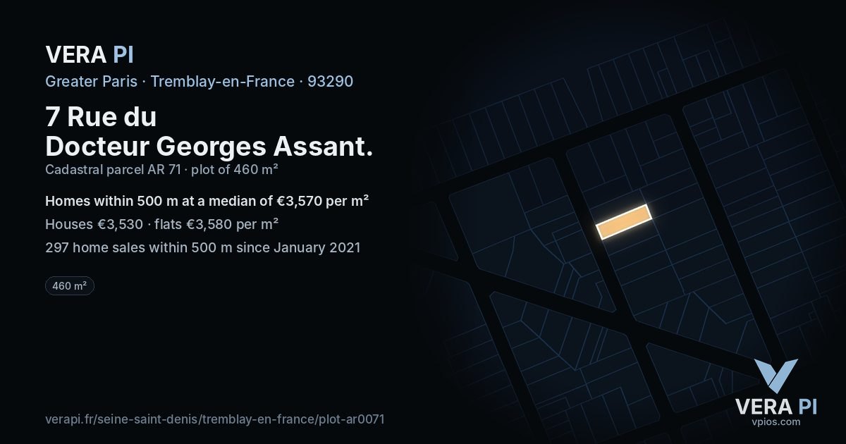 7 Rue du Docteur Georges Assant, Tremblay-en-France at night – the plot lit, the parcels around coloured by the prices near them
