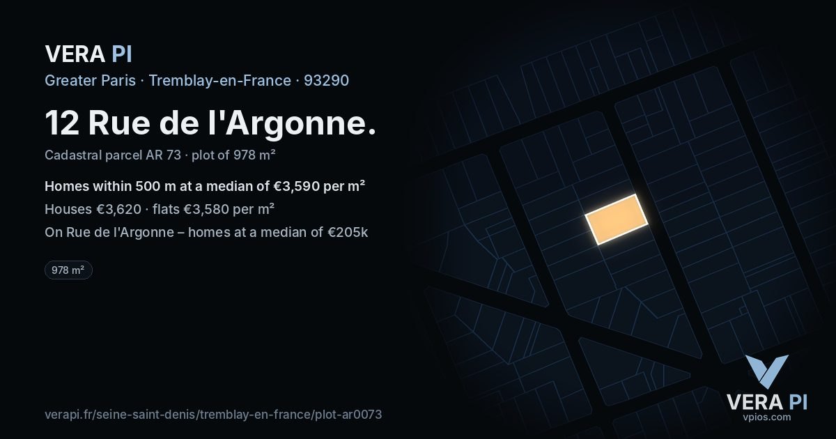 12 Rue de l'Argonne, Tremblay-en-France at night – the plot lit, the parcels around coloured by the prices near them