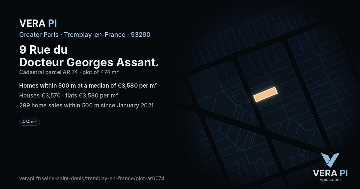 9 Rue du Docteur Georges Assant, Tremblay-en-France at night – the plot lit, the parcels around coloured by the prices near them