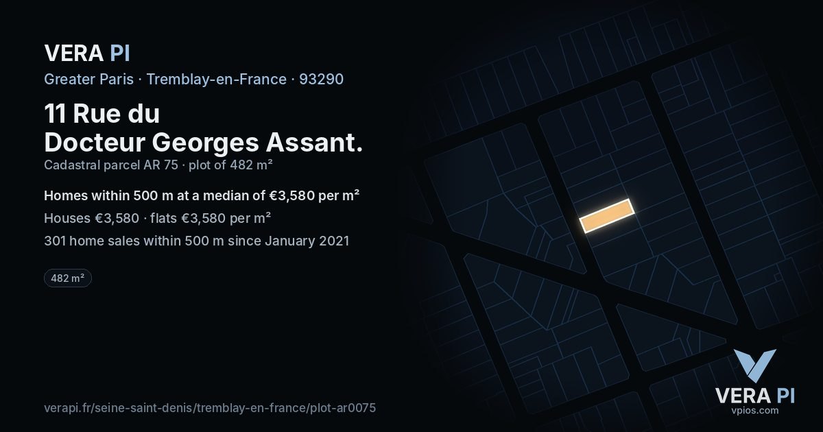 11 Rue du Docteur Georges Assant, Tremblay-en-France at night – the plot lit, the parcels around coloured by the prices near them