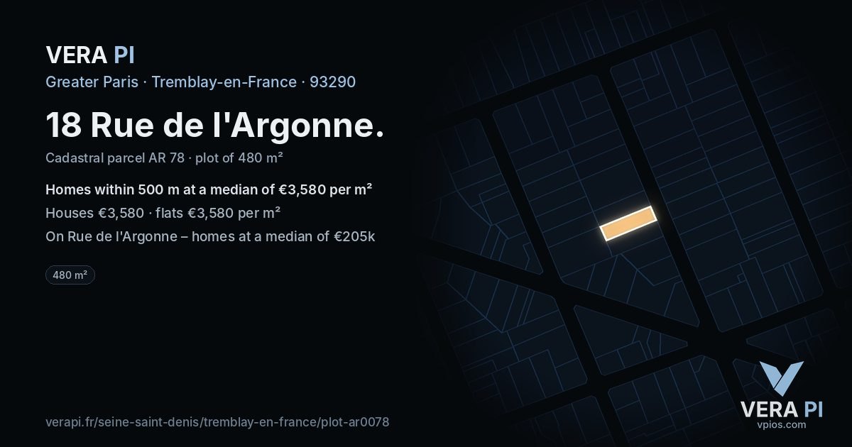 18 Rue de l'Argonne, Tremblay-en-France at night – the plot lit, the parcels around coloured by the prices near them