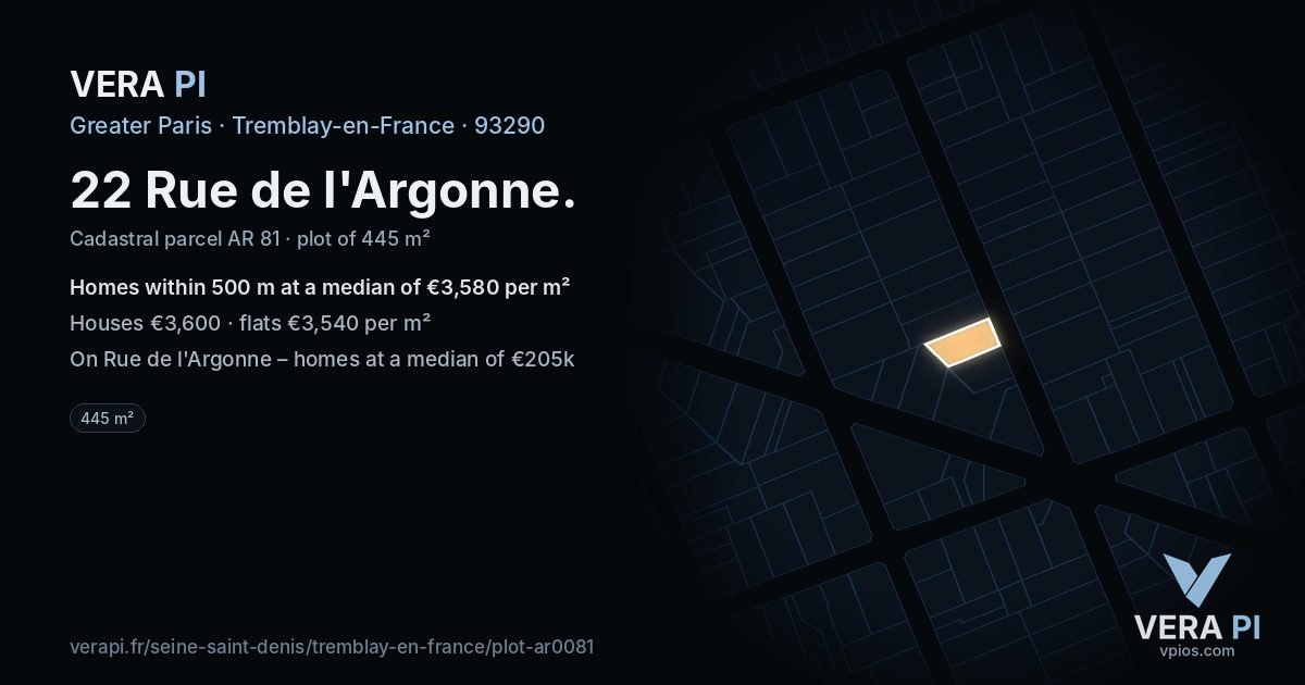 22 Rue de l'Argonne, Tremblay-en-France at night – the plot lit, the parcels around coloured by the prices near them