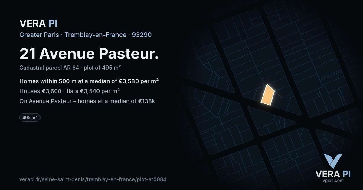 21 Avenue Pasteur, Tremblay-en-France at night – the plot lit, the parcels around coloured by the prices near them