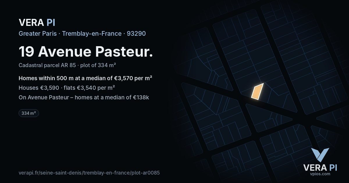 19 Avenue Pasteur, Tremblay-en-France at night – the plot lit, the parcels around coloured by the prices near them