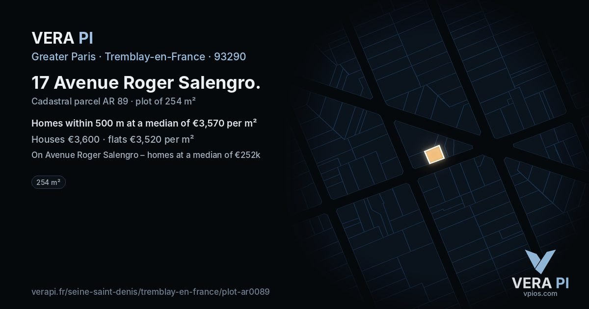 17 Avenue Roger Salengro, Tremblay-en-France at night – the plot lit, the parcels around coloured by the prices near them