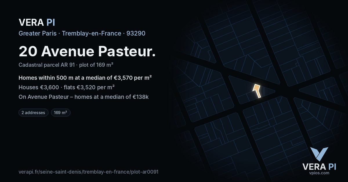 20 Avenue Pasteur, Tremblay-en-France at night – the plot lit, the parcels around coloured by the prices near them