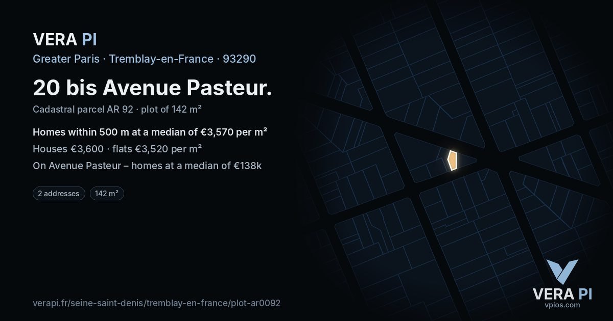 20 bis Avenue Pasteur, Tremblay-en-France at night – the plot lit, the parcels around coloured by the prices near them