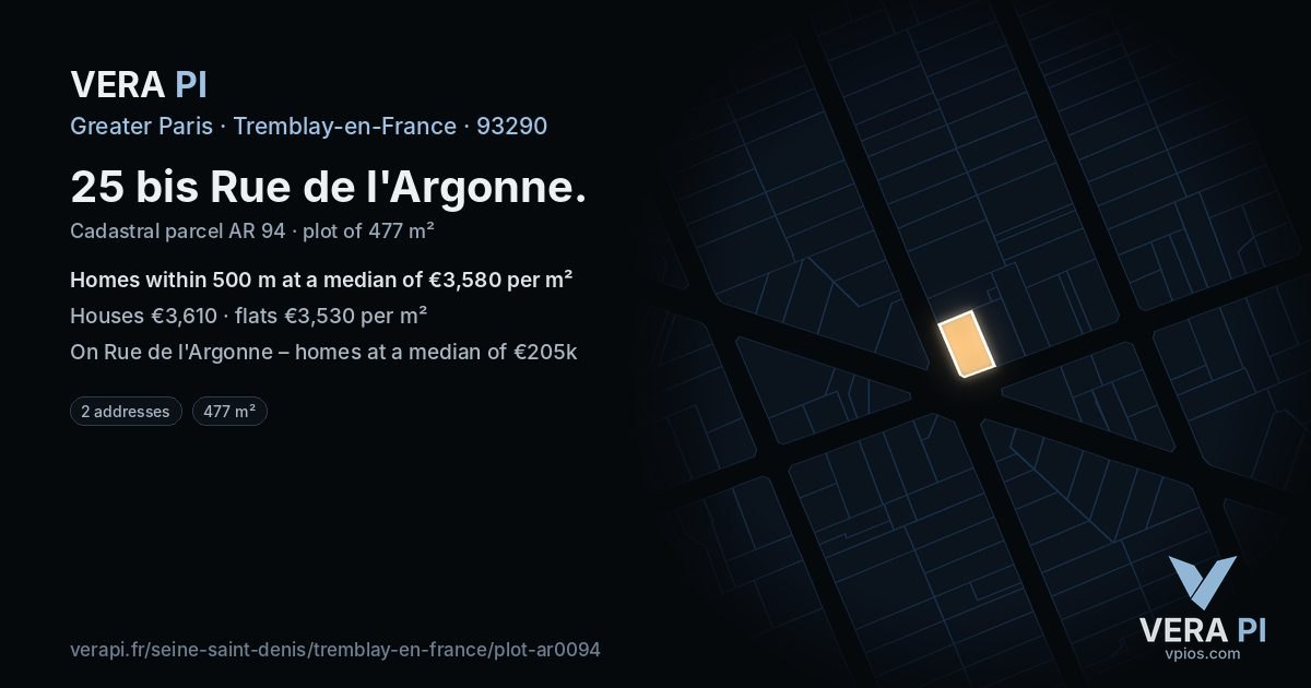 25 bis Rue de l'Argonne, Tremblay-en-France at night – the plot lit, the parcels around coloured by the prices near them