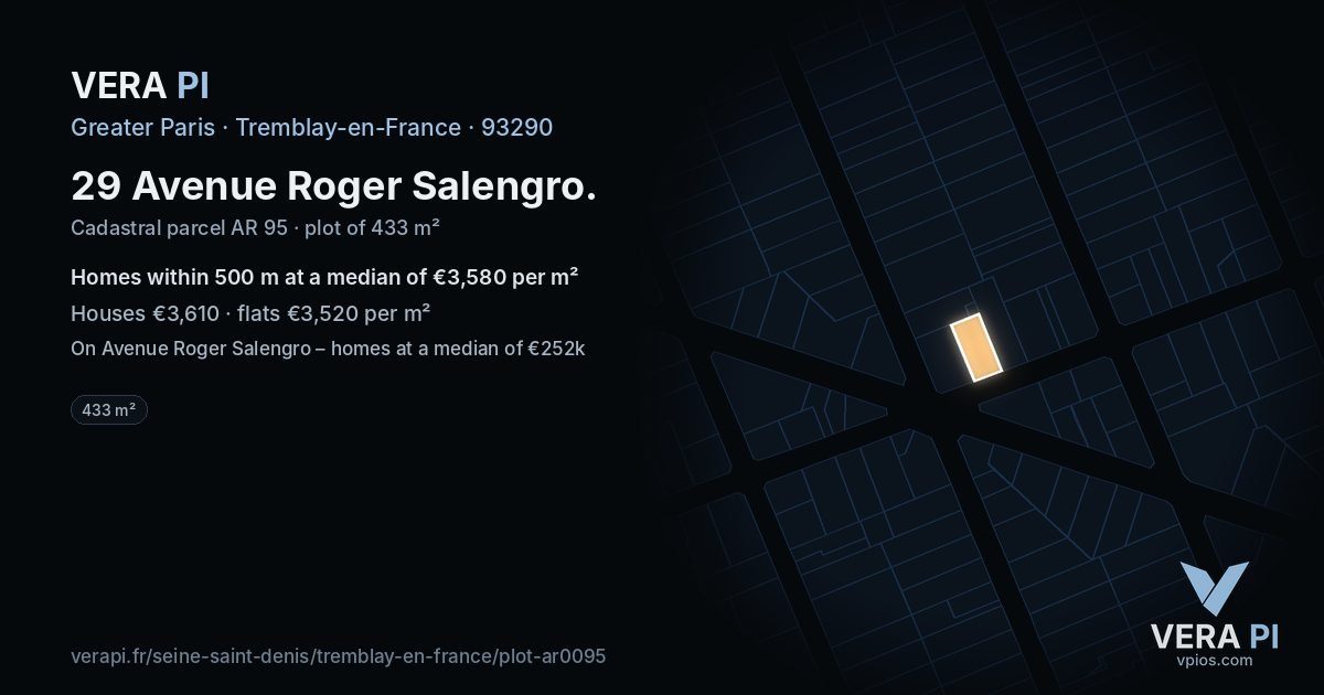 29 Avenue Roger Salengro, Tremblay-en-France at night – the plot lit, the parcels around coloured by the prices near them