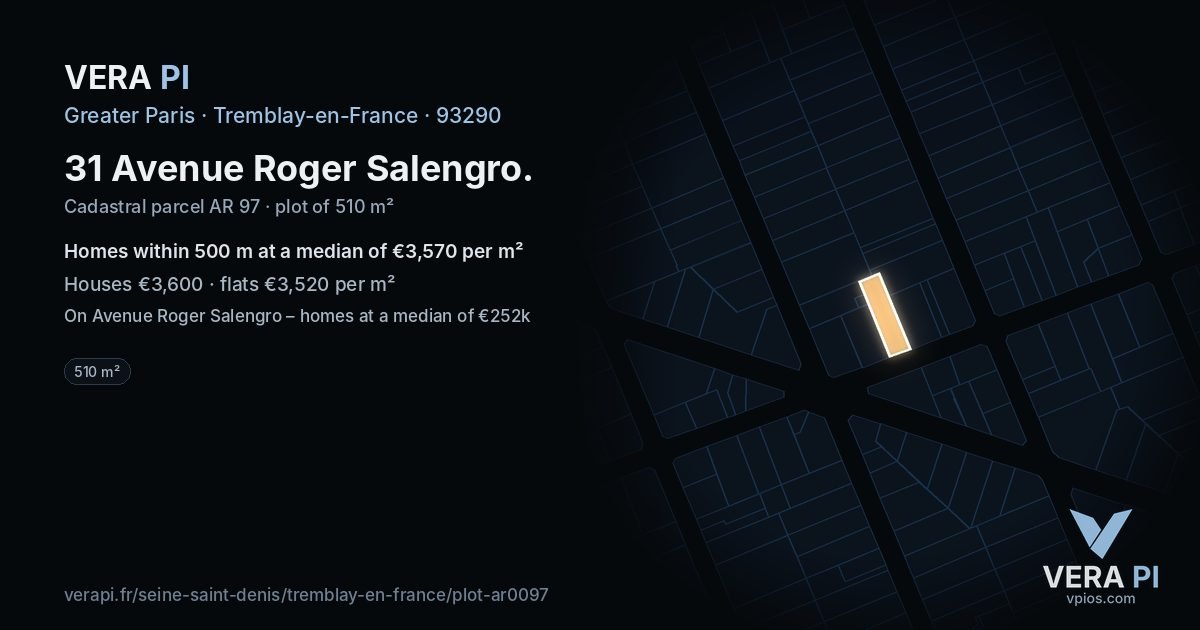 31 Avenue Roger Salengro, Tremblay-en-France at night – the plot lit, the parcels around coloured by the prices near them