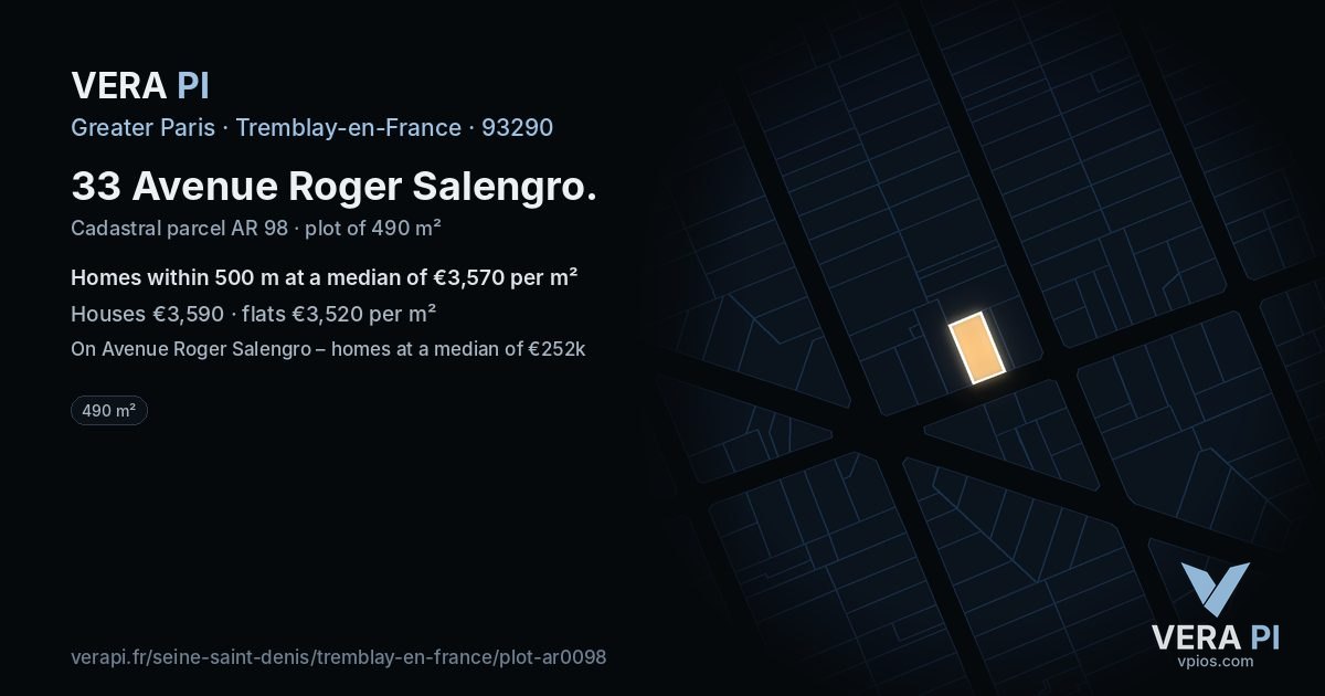33 Avenue Roger Salengro, Tremblay-en-France at night – the plot lit, the parcels around coloured by the prices near them