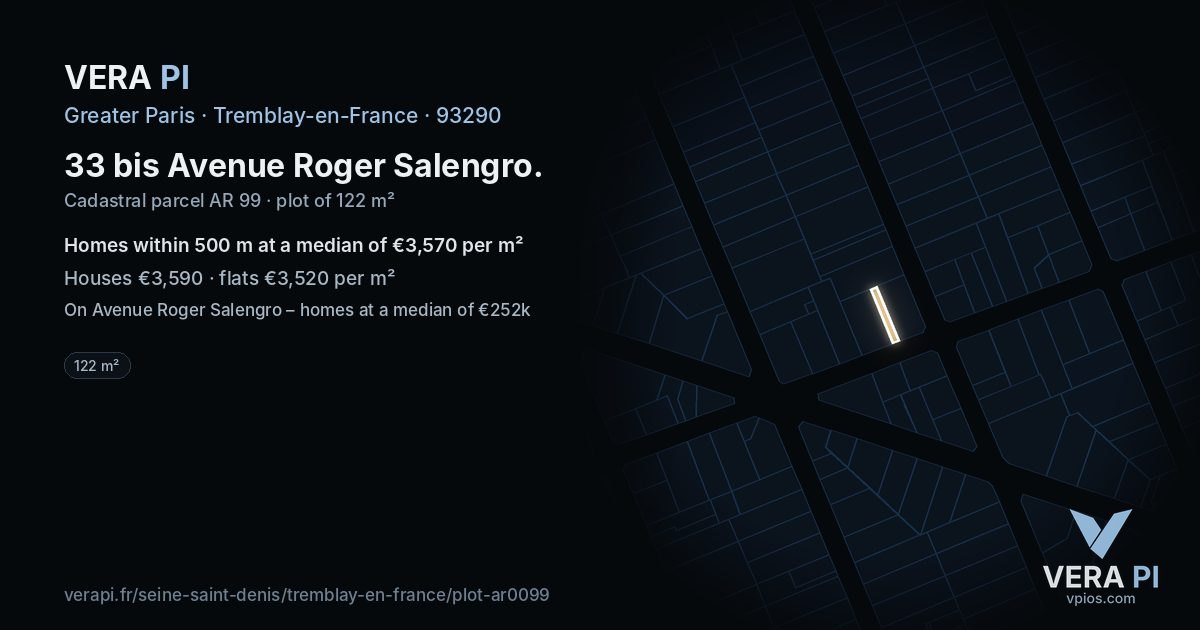 33 bis Avenue Roger Salengro, Tremblay-en-France at night – the plot lit, the parcels around coloured by the prices near them