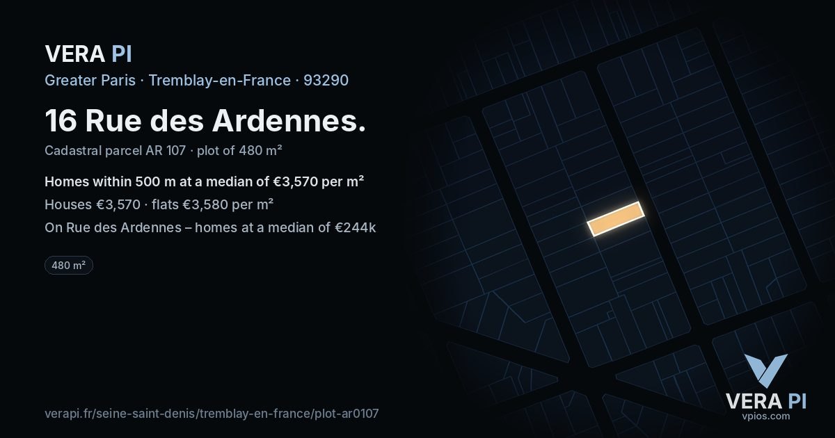 16 Rue des Ardennes, Tremblay-en-France at night – the plot lit, the parcels around coloured by the prices near them