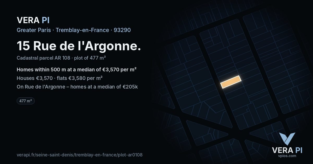 15 Rue de l'Argonne, Tremblay-en-France at night – the plot lit, the parcels around coloured by the prices near them