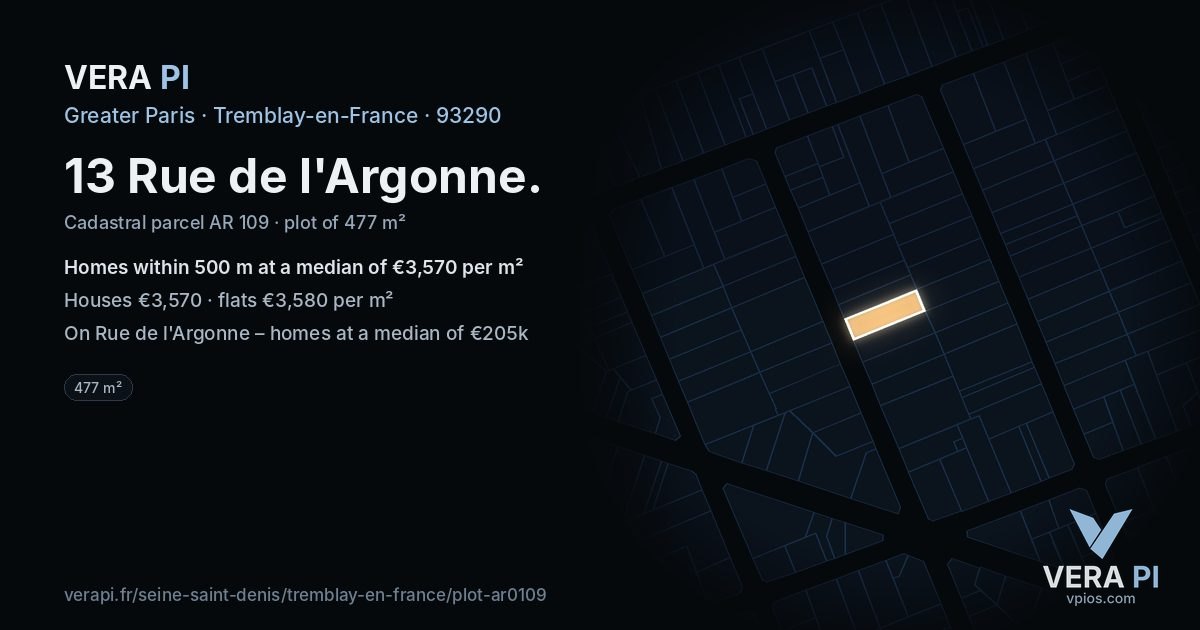13 Rue de l'Argonne, Tremblay-en-France at night – the plot lit, the parcels around coloured by the prices near them