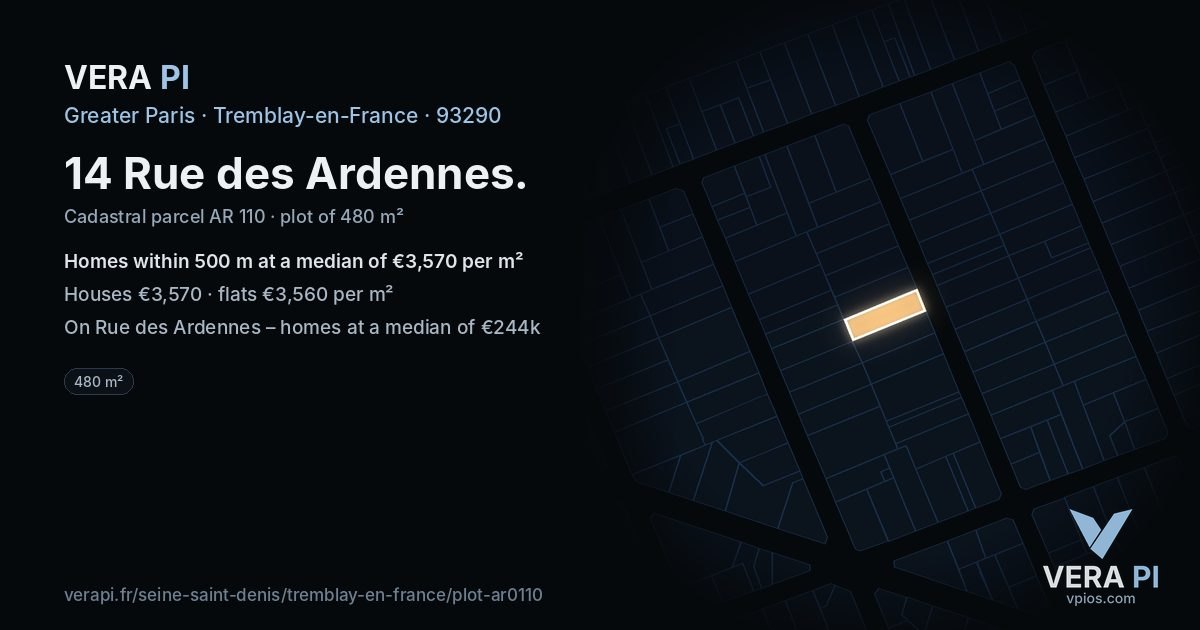 14 Rue des Ardennes, Tremblay-en-France at night – the plot lit, the parcels around coloured by the prices near them