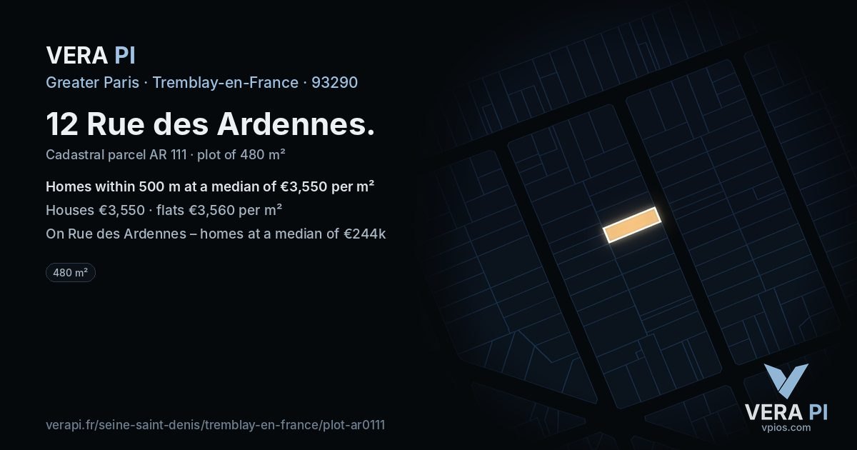 12 Rue des Ardennes, Tremblay-en-France at night – the plot lit, the parcels around coloured by the prices near them