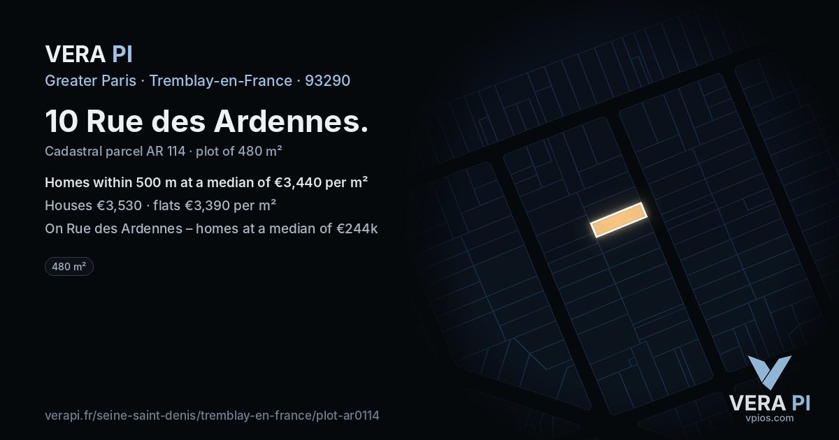 10 Rue des Ardennes, Tremblay-en-France at night – the plot lit, the parcels around coloured by the prices near them