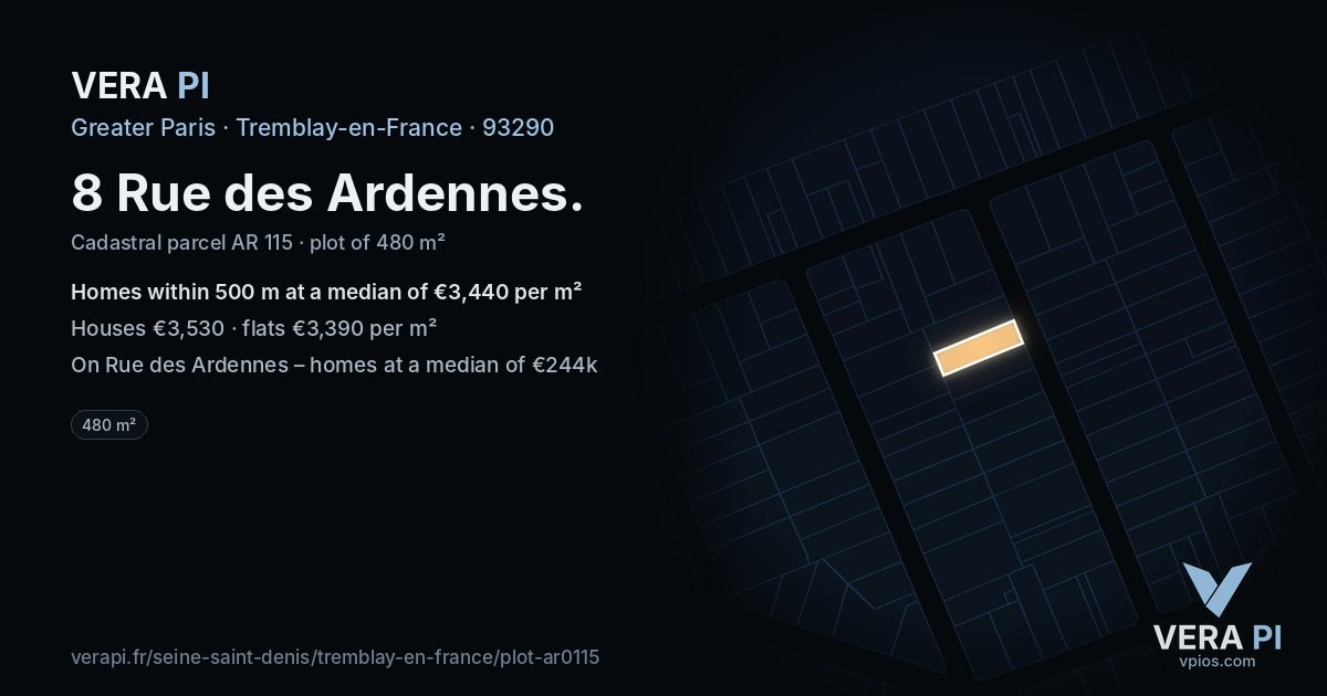 8 Rue des Ardennes, Tremblay-en-France at night – the plot lit, the parcels around coloured by the prices near them