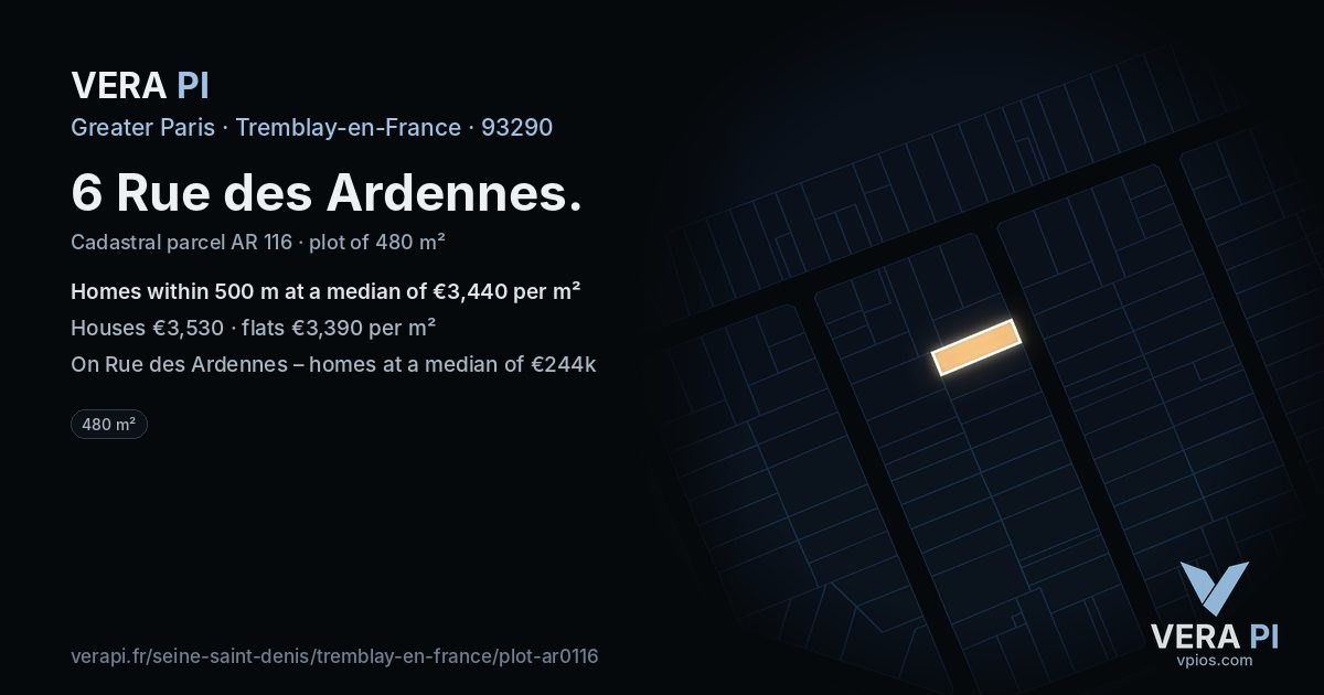 6 Rue des Ardennes, Tremblay-en-France at night – the plot lit, the parcels around coloured by the prices near them