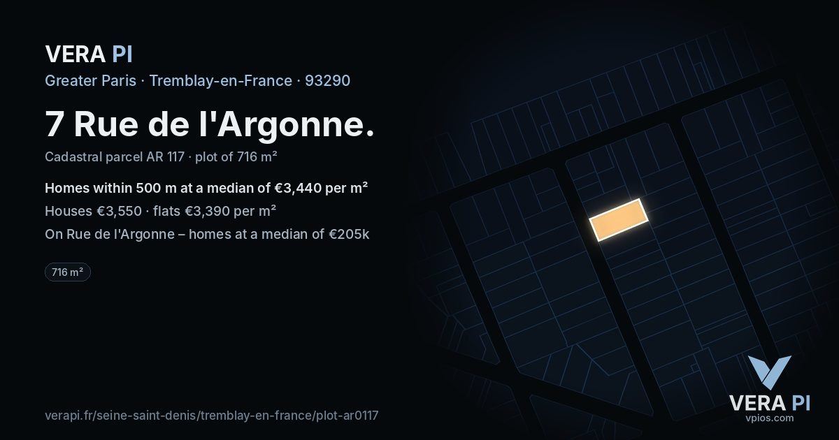 7 Rue de l'Argonne, Tremblay-en-France at night – the plot lit, the parcels around coloured by the prices near them