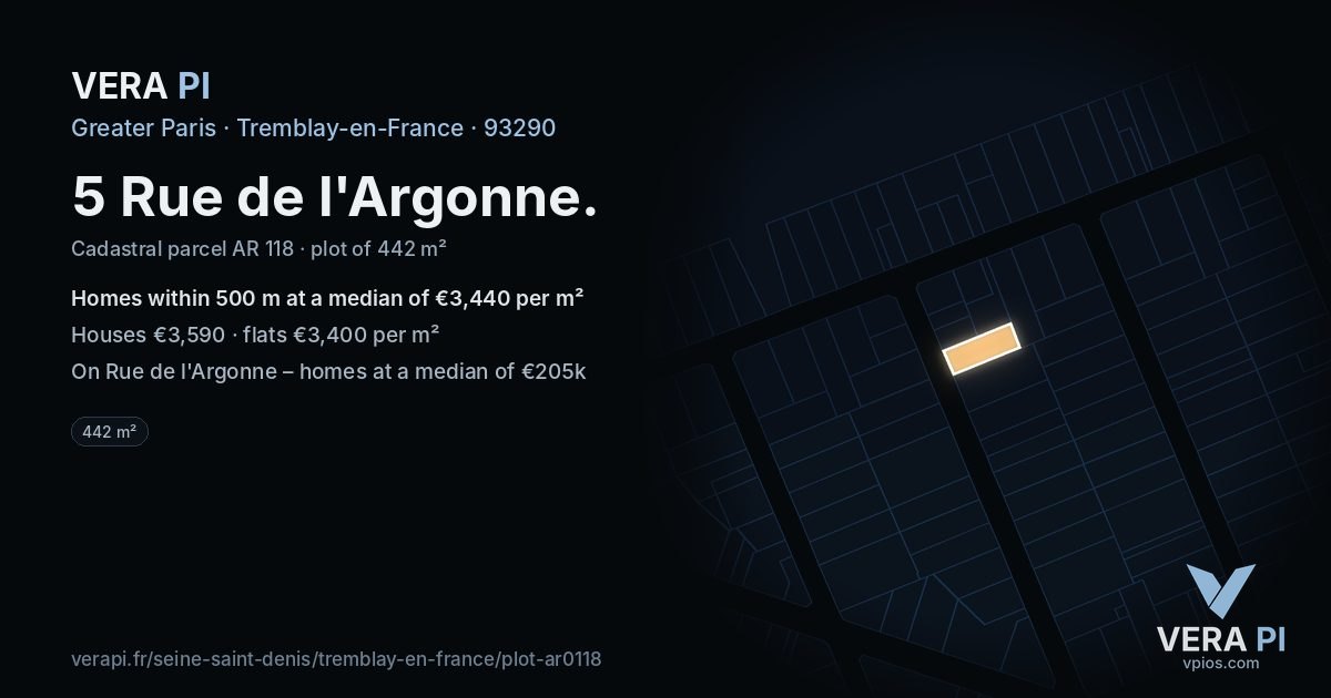 5 Rue de l'Argonne, Tremblay-en-France at night – the plot lit, the parcels around coloured by the prices near them