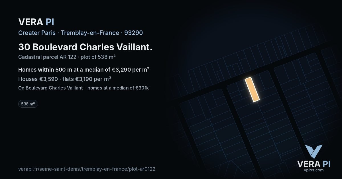30 Boulevard Charles Vaillant, Tremblay-en-France at night – the plot lit, the parcels around coloured by the prices near them