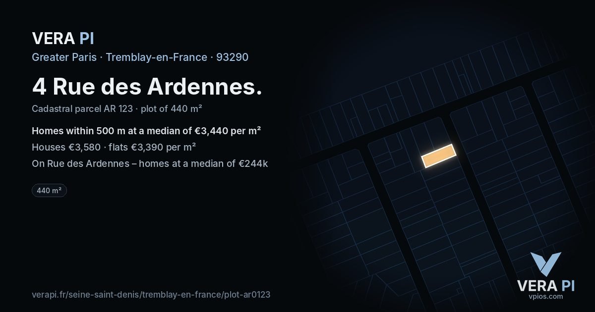 4 Rue des Ardennes, Tremblay-en-France at night – the plot lit, the parcels around coloured by the prices near them