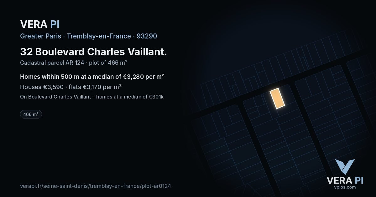 32 Boulevard Charles Vaillant, Tremblay-en-France at night – the plot lit, the parcels around coloured by the prices near them