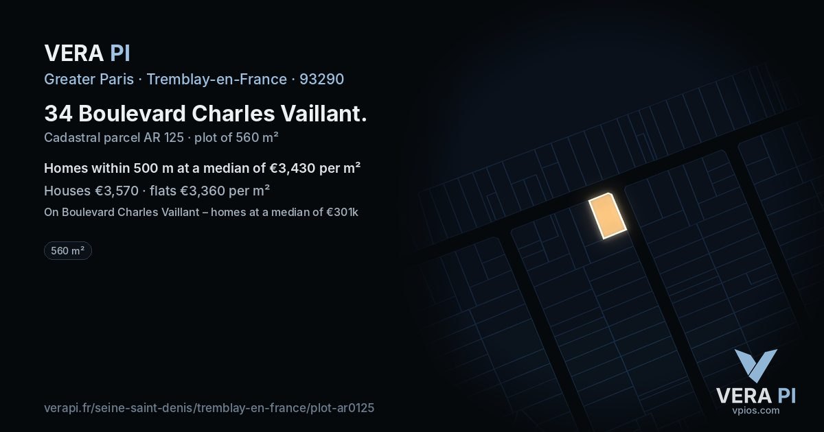 34 Boulevard Charles Vaillant, Tremblay-en-France at night – the plot lit, the parcels around coloured by the prices near them