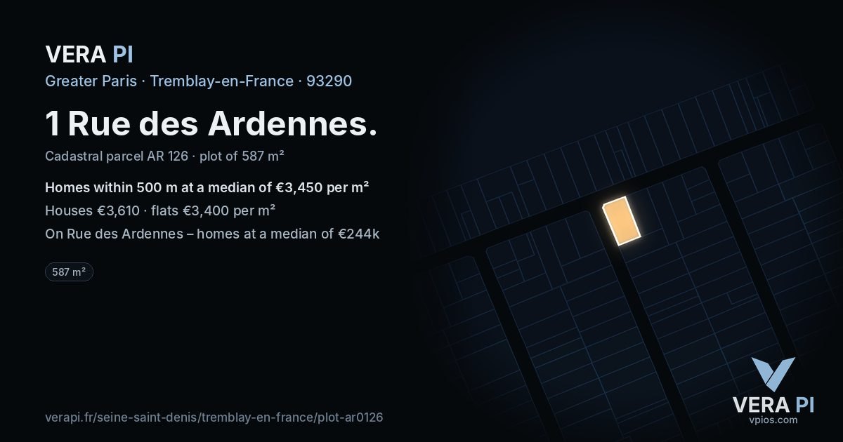 1 Rue des Ardennes, Tremblay-en-France at night – the plot lit, the parcels around coloured by the prices near them