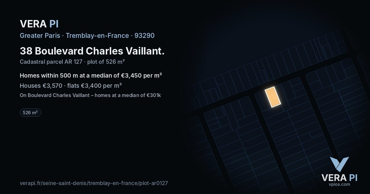 38 Boulevard Charles Vaillant, Tremblay-en-France at night – the plot lit, the parcels around coloured by the prices near them